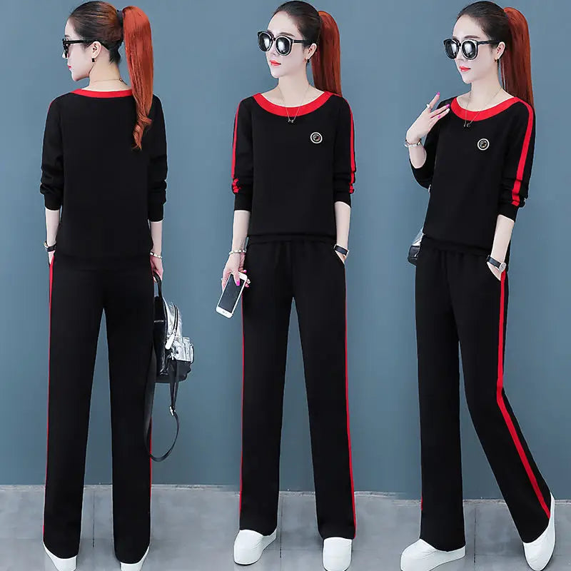2022 New Spring and Autumn Fashion Long Sleeve Wide Leg Pants Set Women's Korean Slim Relaxed Casual Sports Two Piece Set