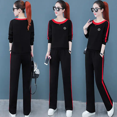 2022 New Spring and Autumn Fashion Long Sleeve Wide Leg Pants Set Women's Korean Slim Relaxed Casual Sports Two Piece Set