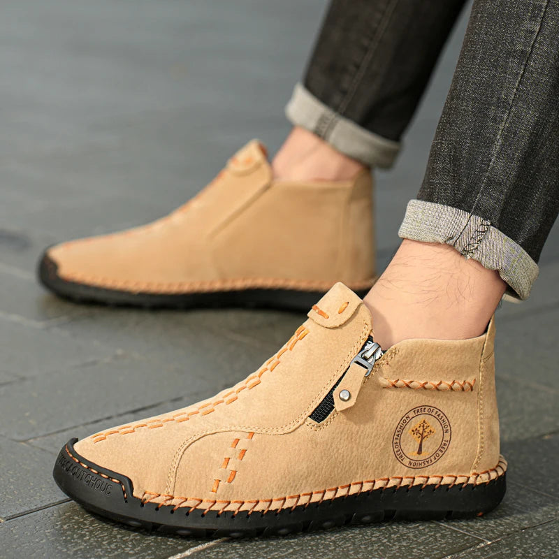 Handmade Leather Casual Shoes For Men Sneakers Men Flat Footwear Zipper Leather Boots Men Ankle Plus Size 39-48