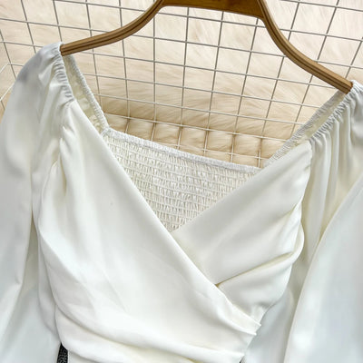 Chic Puff Long Sleeve Criss-cross Slim Blouse Korean Fashion Pleated Crop Top Sexy Shirt Hotsweet Spring Autumn Women Clothes