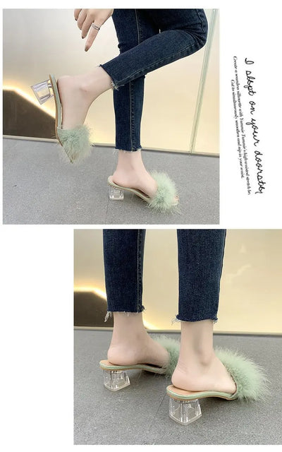 Mules Sandal Women Summer Outdoor Fashion Slippers Square Toe High Heels Office Ladies Feather Slides Chic Classics Furry Shoes