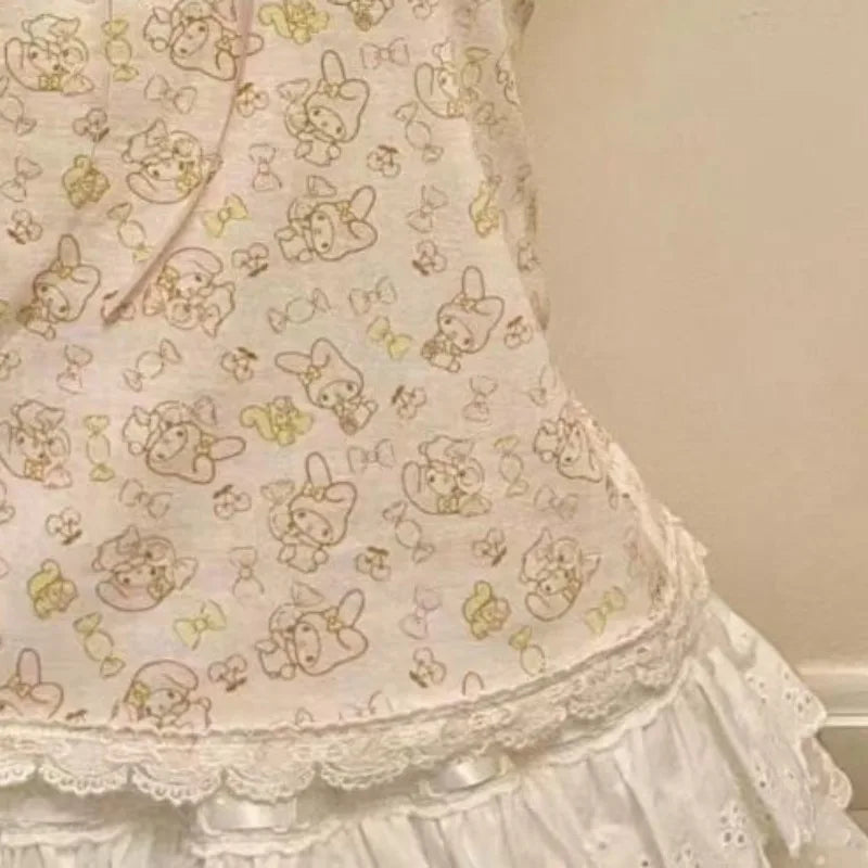 French Vintage Hottie Halter Vest Subculture Lace Stitching Tanks Top Kawaii Bow Design Tops Women's Cute Cartoon Print Camisole