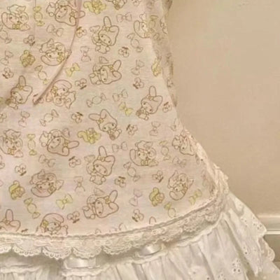 French Vintage Hottie Halter Vest Subculture Lace Stitching Tanks Top Kawaii Bow Design Tops Women's Cute Cartoon Print Camisole