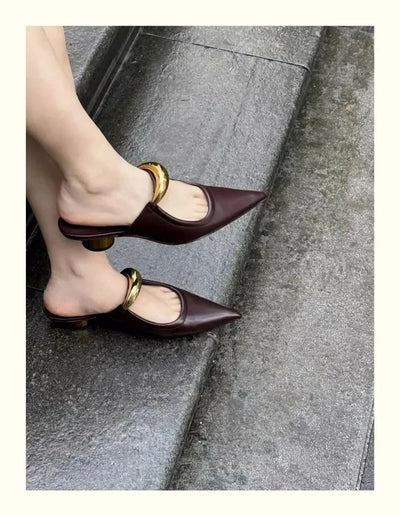 Chunky Pointed Toe Slippers Women Metal Buckle Retro Slides Female Comfy Fashion Low Heel Sandals Designer Mules Pumps Women