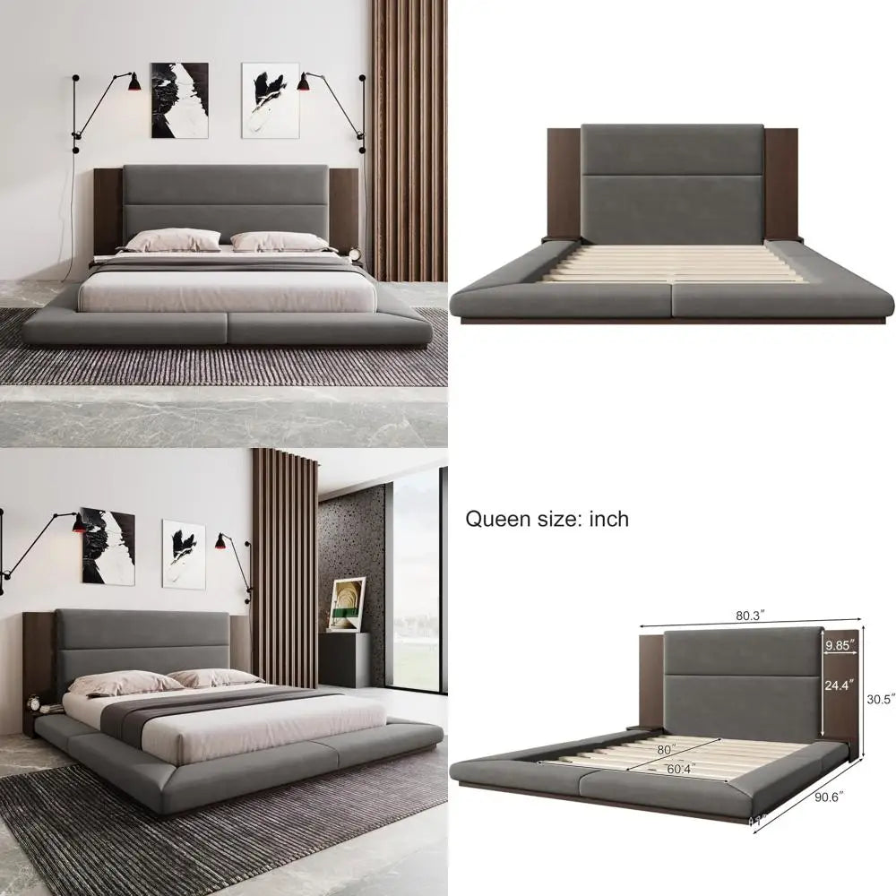 queen velvet upholstered bed frame with built-in side storage and extended wooden headboard