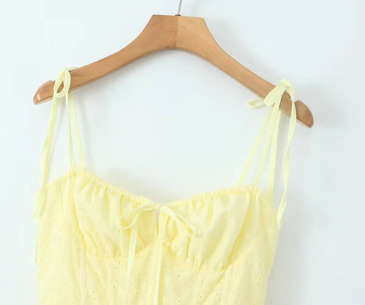 2024 Sexy Yellow Hollow out Embroidery Lace Cotton Corset Style Bow Sling Dress Women Low Waist Ball Gown Swing Mini Party Robe