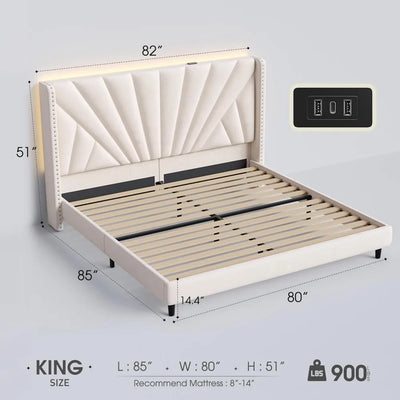 King Size Bed Frame with 51" Tall Headboard Wingback, Velvet Upholstered Platform Bed with Charging Station & LED Lights