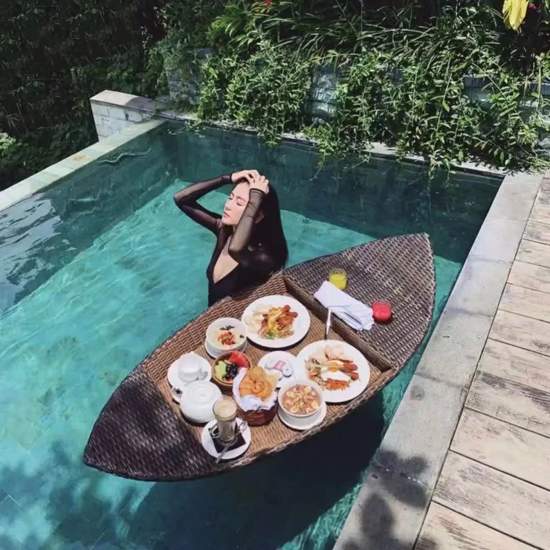 Net red floating tray round rattan woven heart-shaped basket Homestay Hotel Villa swimming pool dinner plate