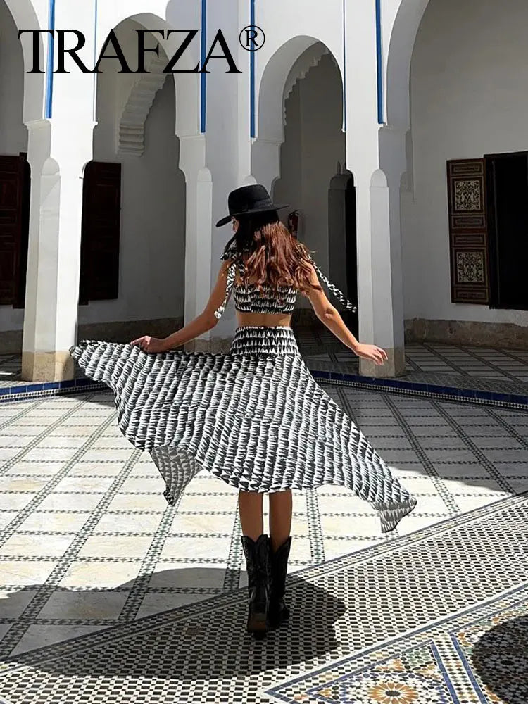Women Fashion Print Skirts Suit Sexy Backless Sleeveless Slim Corset Crop Top Side Zipper Midi Skirt Y2K Streetwear Sets