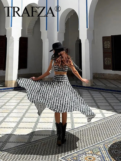 Women Fashion Print Skirts Suit Sexy Backless Sleeveless Slim Corset Crop Top Side Zipper Midi Skirt Y2K Streetwear Sets