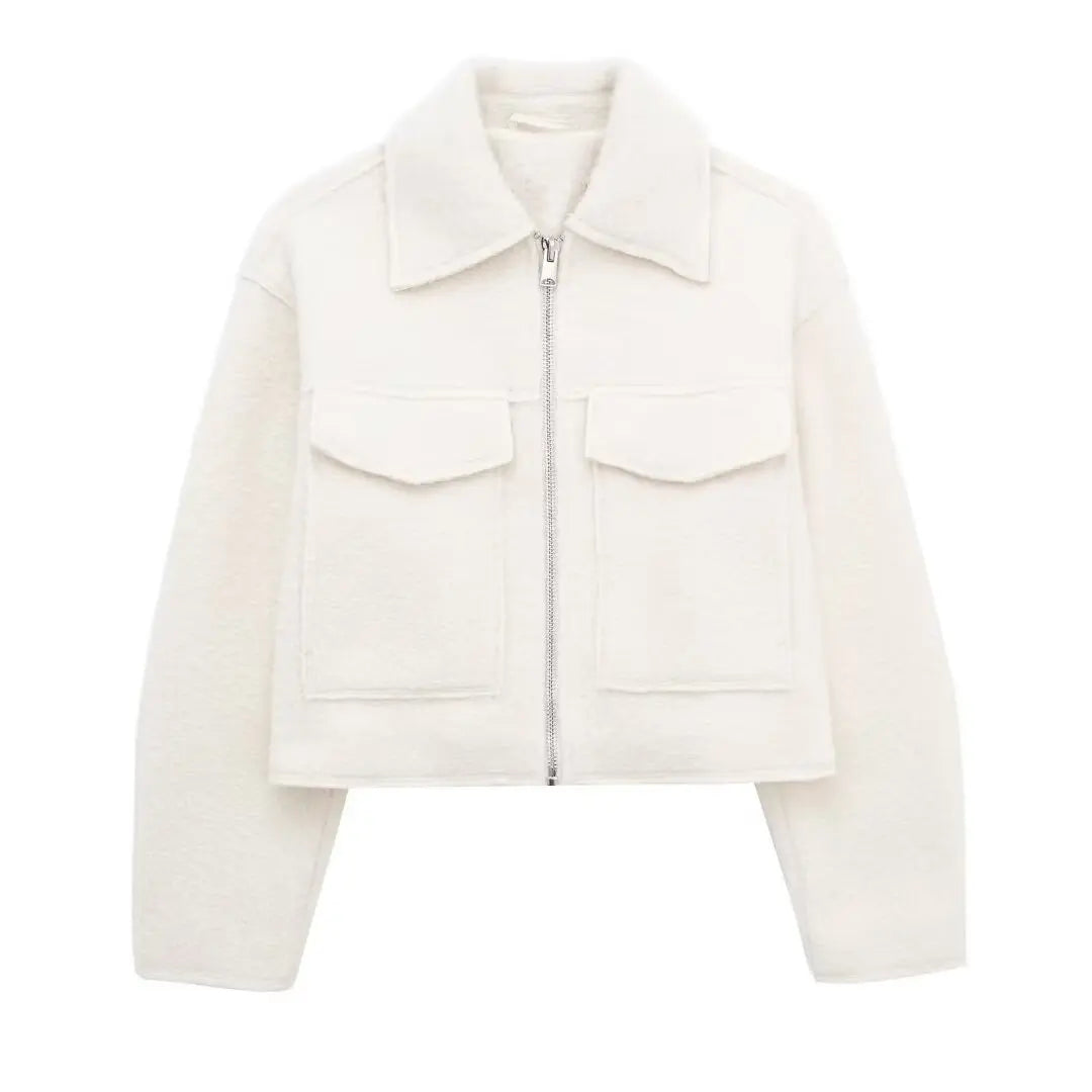 TRAFZA Women Vintage Casual Chic Solid Jackets Turn-down Collar Pockets Zipper Long Sleeve Coats Female Fashion 2024 Spring Coat