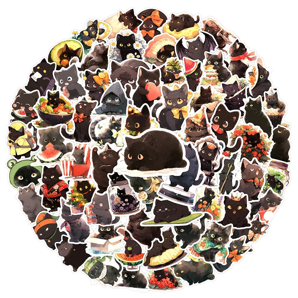 50/100pcs Cute Black Cat Stickers Laptop Phone Case Notebook Scrapbooking Car Vinyl Waterproof Cartoon Cats Decal Kids Gift Toy