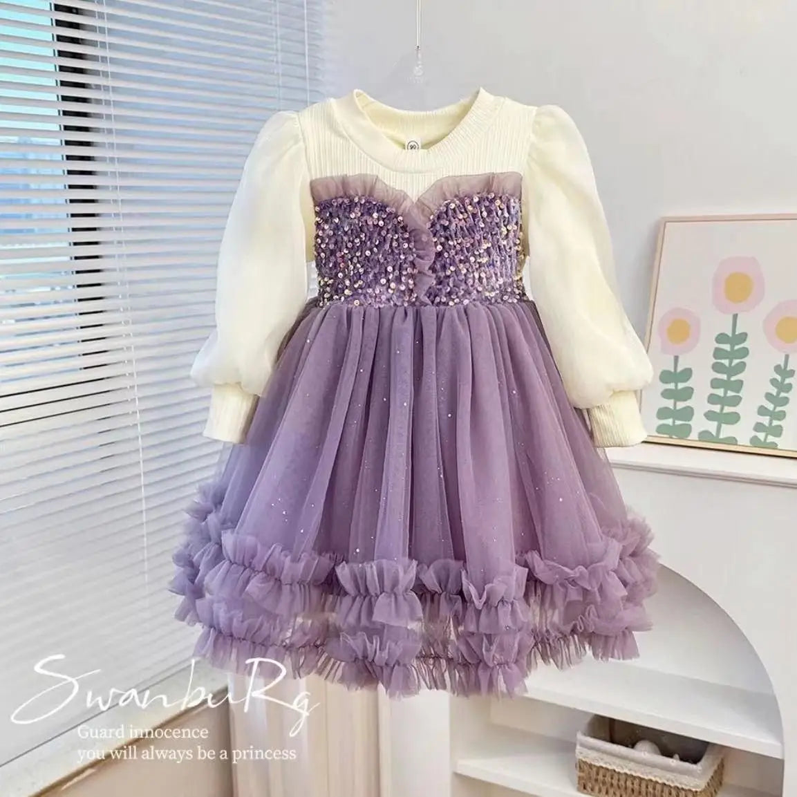 Young Girl Spring  Autumn 2025 New Style Pink Casual Dress Birthday Party Dresses for Girls Purple Fluffy Dress 2-10 Years Old