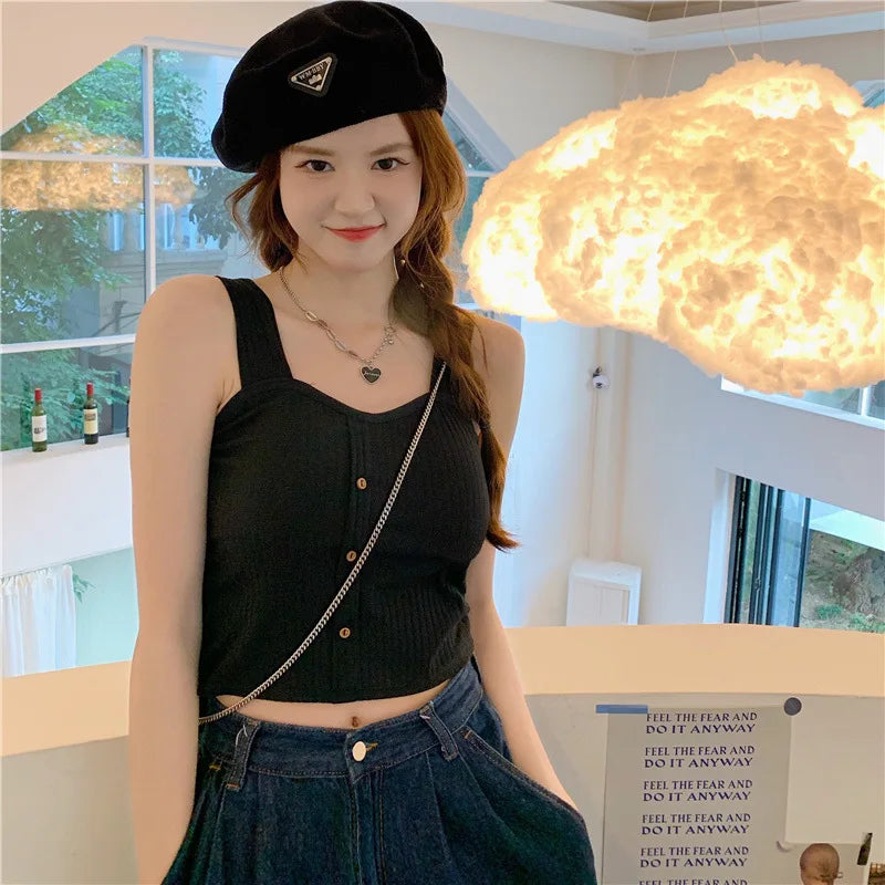 Women's Ribbed Tank Tops Y2K Cropped Tops with Bra Pads Knitted Button Down Suspenders Vest Sexy Camisole Female Short Tops