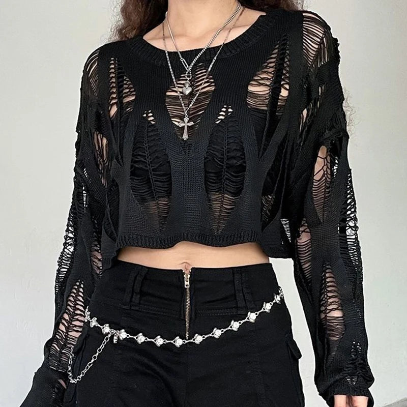 Hollow Ripped Long Sleeve Crop Top