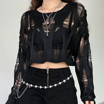 Hollow Ripped Long Sleeve Crop Top
