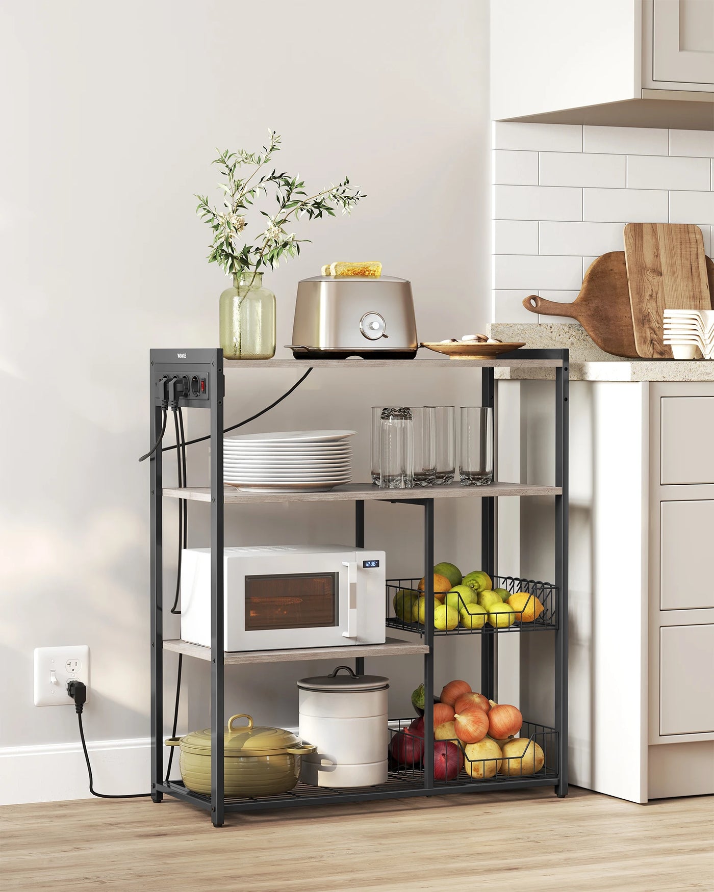Kitchen Rack with sockets, 2 Metal Baskets, Microwave Shelf, 35x80x93.5 cm Industrial Design