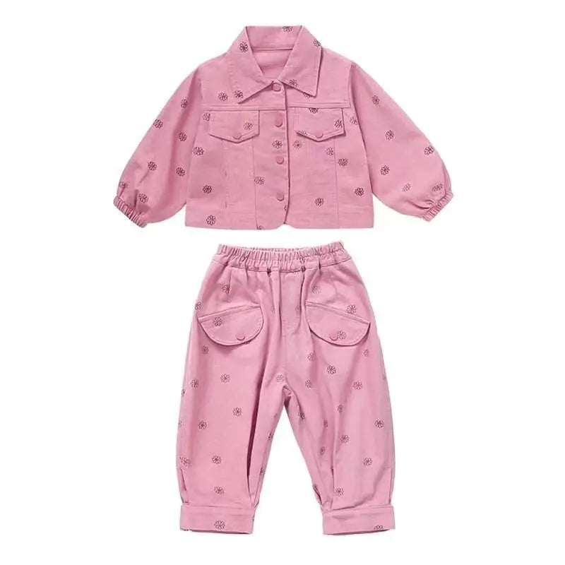 Girls Coat and Pants Two Piece Set 2025 Spring and Autumn New Korean Fashion Floral Casual Coat and Pants Two Piece Set Trend
