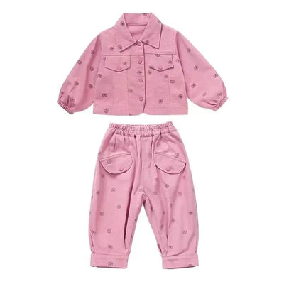 Girls Coat and Pants Two Piece Set 2025 Spring and Autumn New Korean Fashion Floral Casual Coat and Pants Two Piece Set Trend