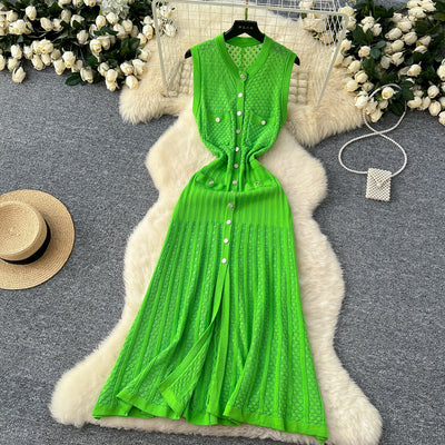 YuooMuoo 2025 Elegant Slim Knitted Maxi Dress Women French Sleeveless Single-breasted Black Bodycon Robes Lady Party Vestidos