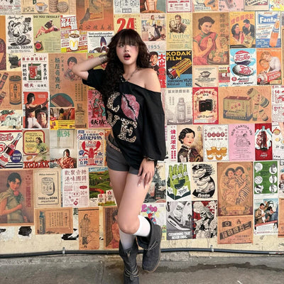 Y2k Letter Diagonal Shoulder Punk T-shirt Gothic Short-sleeved Female Harajuku Summer Street T-shirt Aesthetic Sexy Crop Top