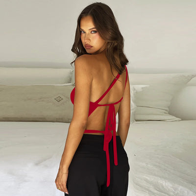 Women's Sexy Diagonal Shoulder Strap Sleeveless Backless Tight Top Seaside Nightclub Party 2024 New Model