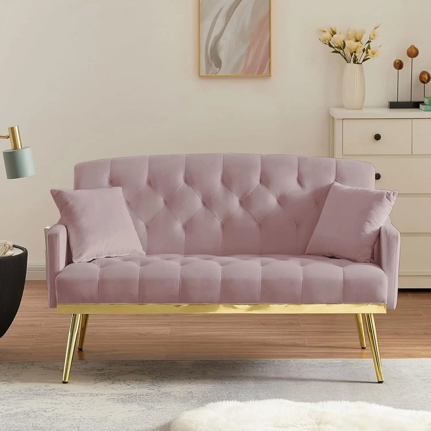55-Inch Modern Velvet Loveseat Sofa with Gold Metal Legs & Side Pockets, Tufted Backrest, Perfect for Living Room, Bedroom,