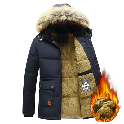 2024 New Men Winter Autumn Work Outwearing Parka Black Fleece Lined Thick Warm Hooded Fur Collar Coat Male Size 5XL Plush Jacket