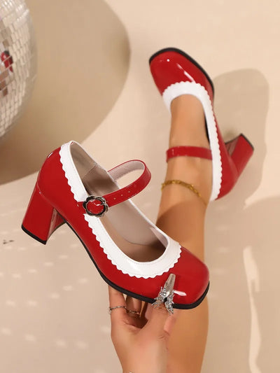 Women's Mary Jane Shoes Retro Mixed Colors Patent Leather Shallow Mouth Buckle Strap Thick High Heels Pumps Sapatos Femininos