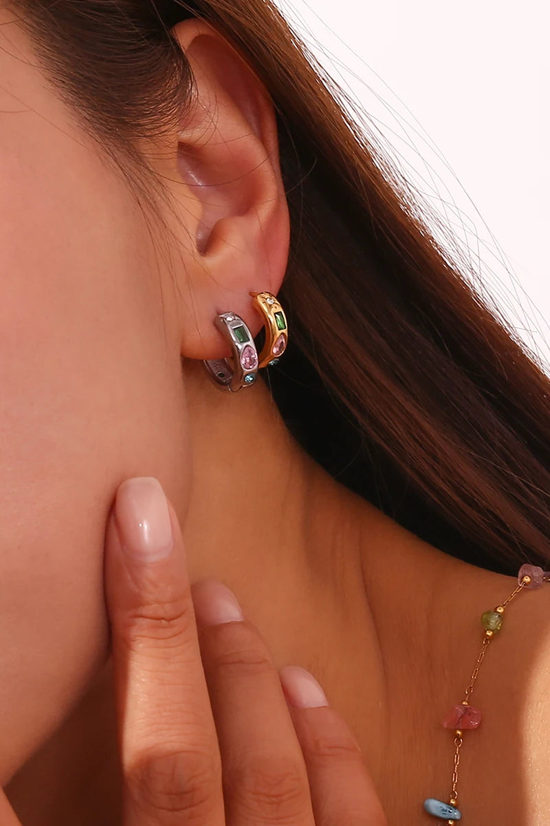 E.B.belle Colorful Zircon Hoop Earrings Tarnish Free 18K Gold Plated Earrings for Women 316L Stainless Steel Jewelry