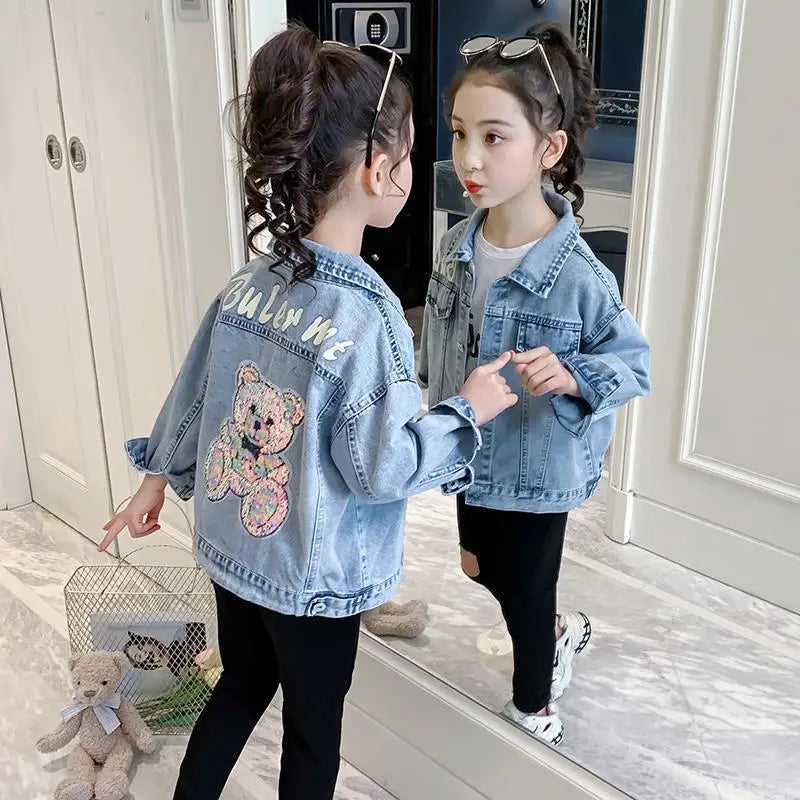 3 4 6 8 10 12 Years Teen Girls Denim Jacket Spring New Fashion Bear Sequin Cowboy Coats For Girls Children Outwear Birthday Gift