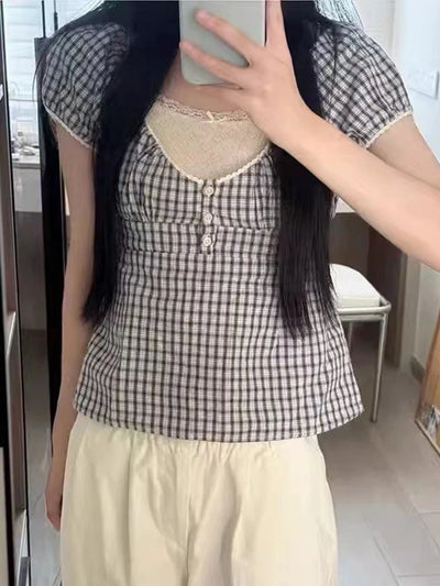 Lace Three-button Plaid Puff Sleeve Short Sleeve T-shirt Women's Summer Sweet Preppy Style Slim Shirt V-neck Short Tops Y2k
