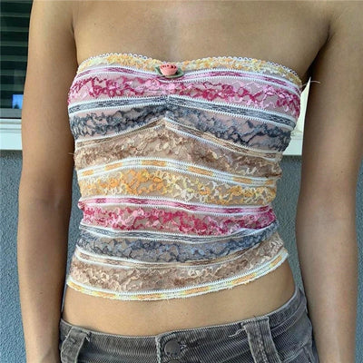 Xingqing y2k Off Shoulder Top Women Fairy Grunge Clothes Summer Sleeveless Lace Trim Patchwork Strapless Tshirt 2000s Streetwear