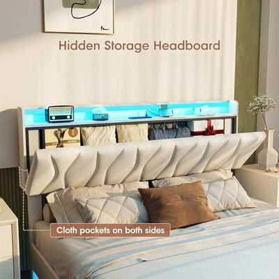 Maupvit Queen Size Floating Bed Frame with Storage Headboard, Queen Bed Frame with LED Lights, Charging Station, Upholstered