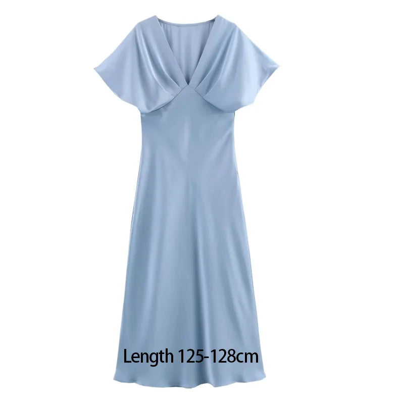 TRAF 2025 Woman Fashion Silk Texture Midi Dress Casual Slim Short Sleeve V Neck Midi Long Dresses Vestidos Mujer