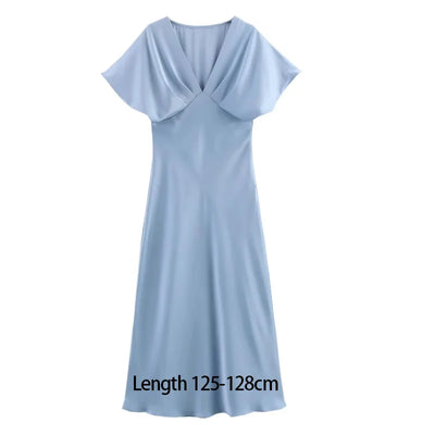 TRAF 2025 Woman Fashion Silk Texture Midi Dress Casual Slim Short Sleeve V Neck Midi Long Dresses Vestidos Mujer