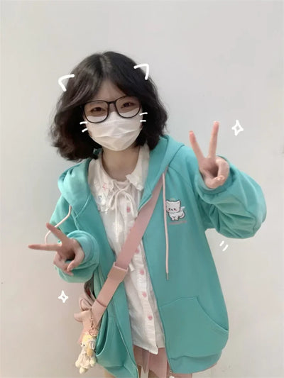 2025 Harajuku Cat Ear Kawaii Zip Up Hoodies Women Japanese Style Cute Hooded Jacket Oversized Sweet Lolita Girly Sweatshirts
