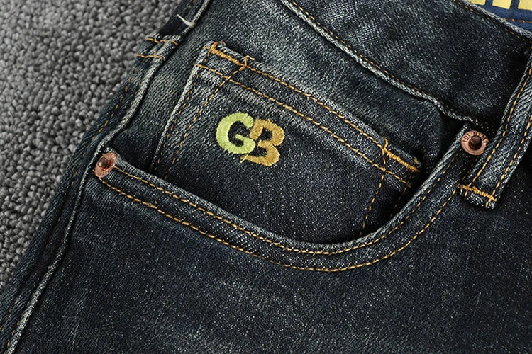 Vintage wash blue to do old simple embroidered jeans men fit small straight leg American trend personality youth pants