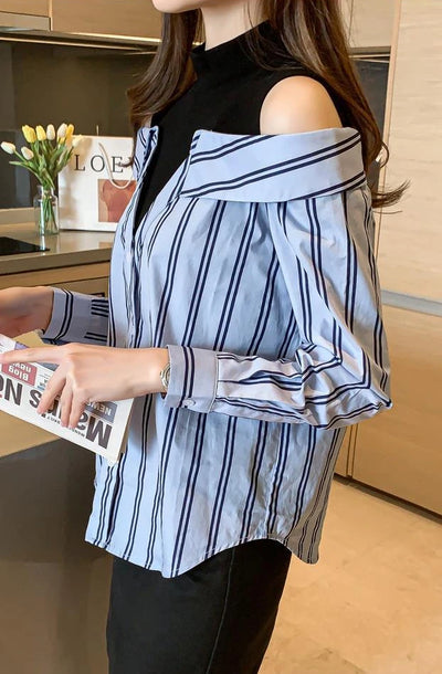 Fake Two Pieces Chiffon Silk Blouse for Women Off Shoulder Top Cool Blue Stripe Cotton Satin Shirt Woman Particular Trends Youth