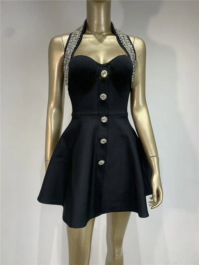 Black Rose Knitted Bandage Dress Women Summer Fashion Diamonds Halter Single Breasted A Line Mini Dress Celebrity Evening Party