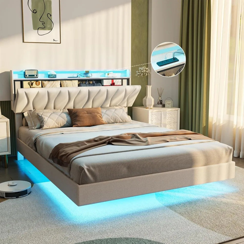 Maupvit Queen Size Floating Bed Frame with Storage Headboard, Queen Bed Frame with LED Lights, Charging Station, Upholstered Pla