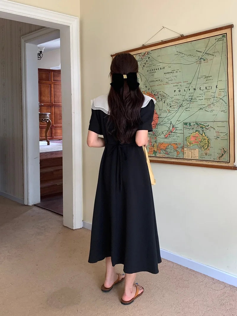 Women Summer Vintage Long Wrapped Dress 2024 New Female Double Layer Ruffled Collar Lacing Up Slim Waist Sundress