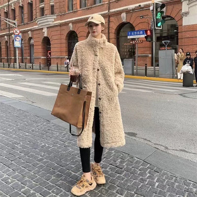 Lamb Wool Long Jackets Women Winter Warm Stand Collar Loose Fur Outerwear Y2K Korean Fashion Long Sleeve All Match Fake Fur Coat