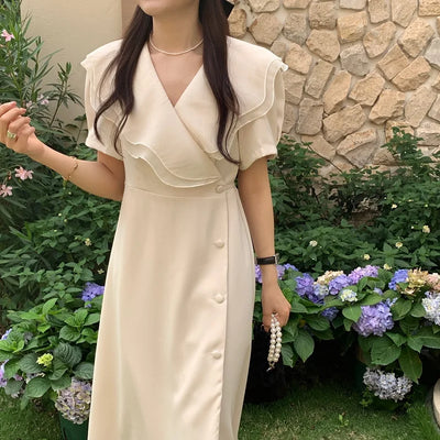 Women Summer Vintage Long Wrapped Dress 2024 New Female Double Layer Ruffled Collar Lacing Up Slim Waist Sundress