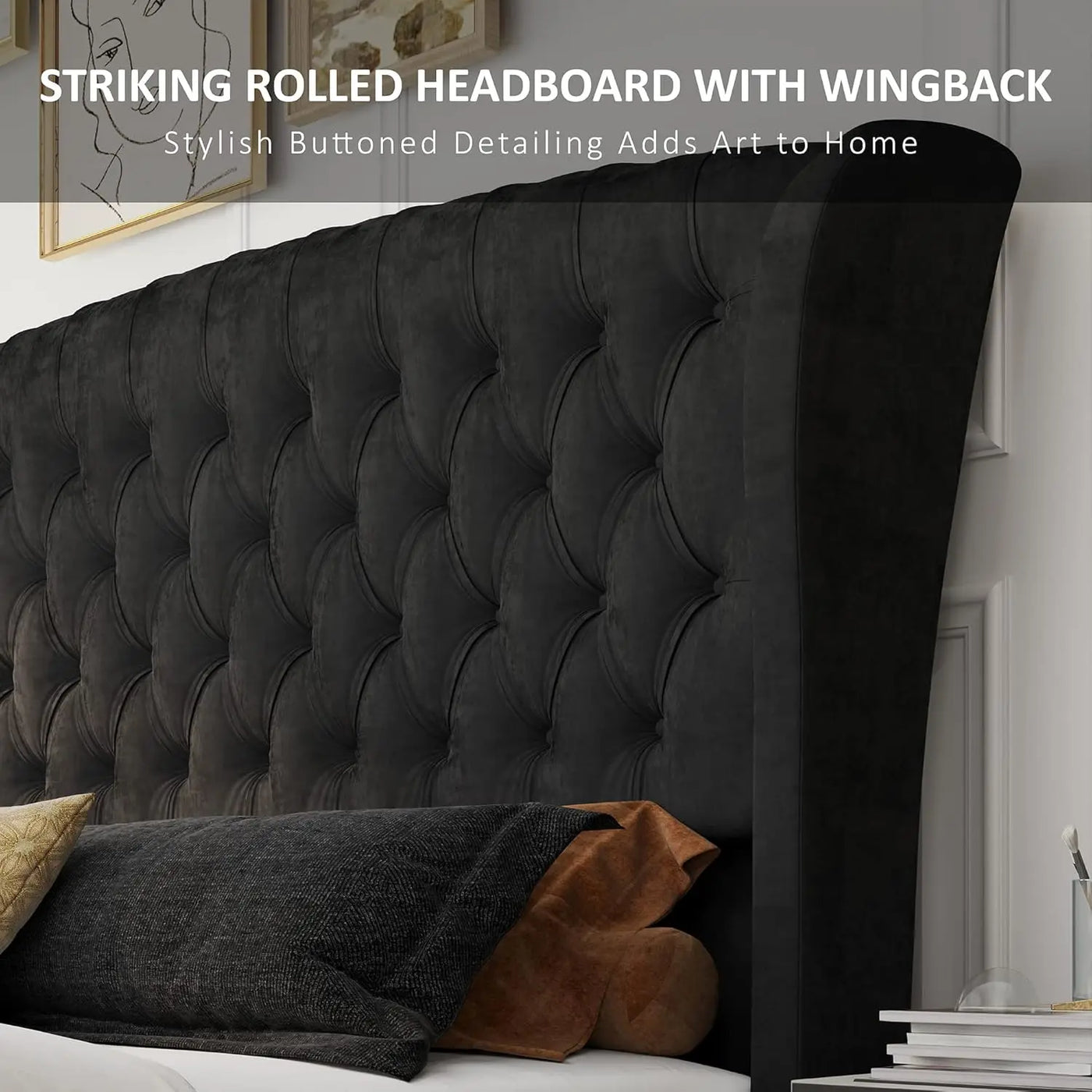 Queen Size Platform Bed Frame, Velvet Upholstered Sleigh Bed with Scroll Wingback Headboard Footboard/Button TuftedBlack