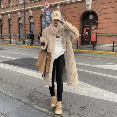 Lamb Wool Long Jackets Women Winter Warm Stand Collar Loose Fur Outerwear Y2K Korean Fashion Long Sleeve All Match Fake Fur Coat