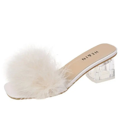 Mules Sandal Women Summer Outdoor Fashion Slippers Square Toe High Heels Office Ladies Feather Slides Chic Classics Furry Shoes