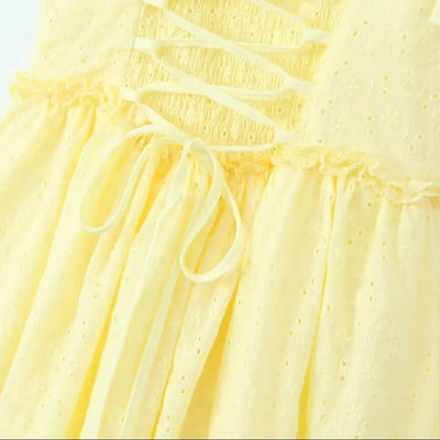 2024 Sexy Yellow Hollow out Embroidery Lace Cotton Corset Style Bow Sling Dress Women Low Waist Ball Gown Swing Mini Party Robe