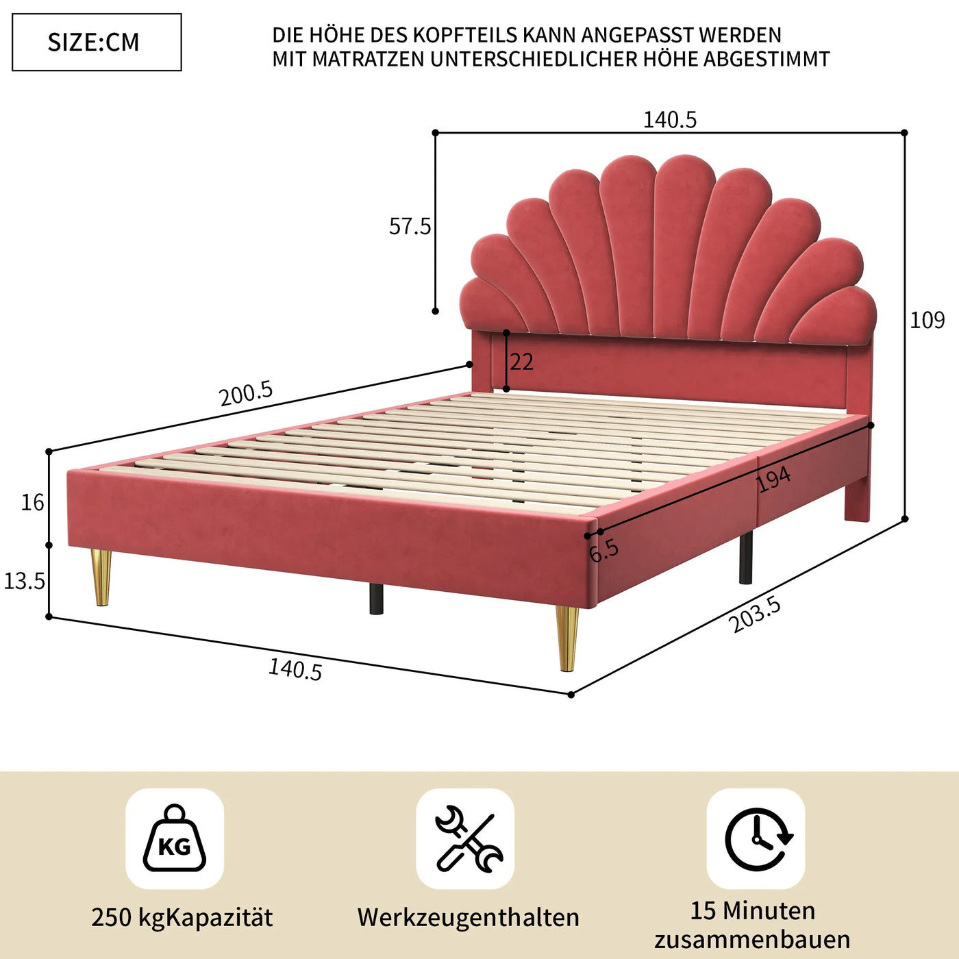 Double bed 140x200 cm, upholstered bed with flower-shaped headboard and slatted frame, stable bed frame, children's bed