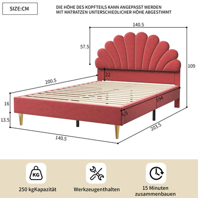 Double bed 140x200 cm, upholstered bed with flower-shaped headboard and slatted frame, stable bed frame, children's bed